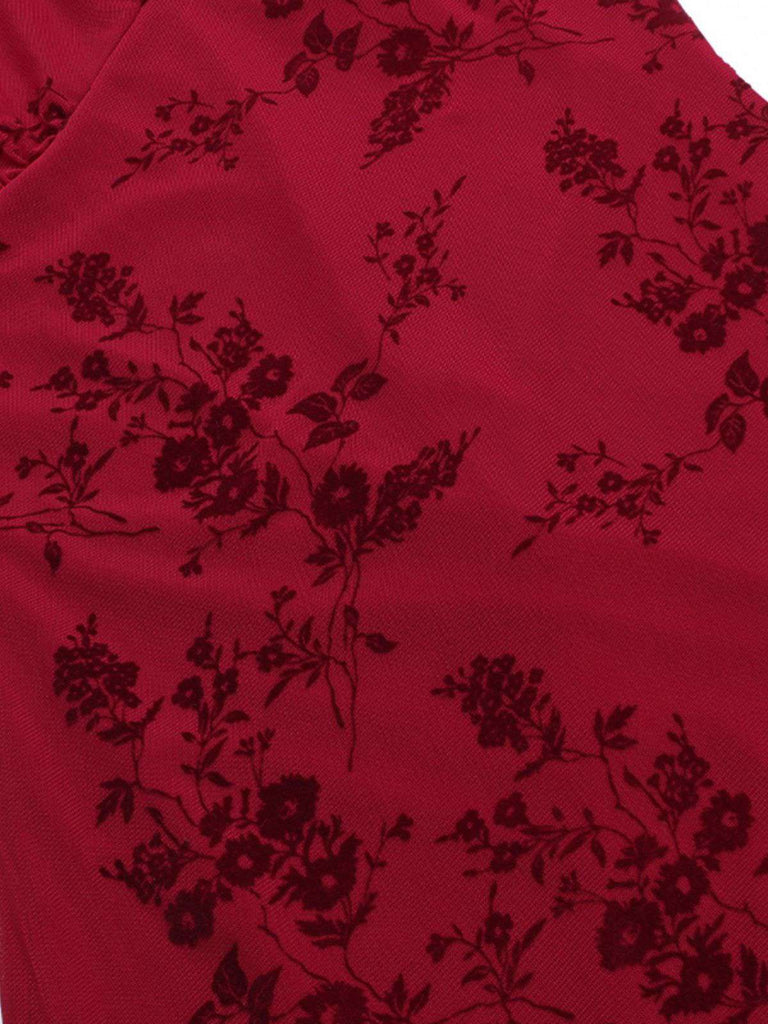 Wine Red 1930s V-Neck Floral Mesh Dress - vintage dress, retro fashion, elegant red