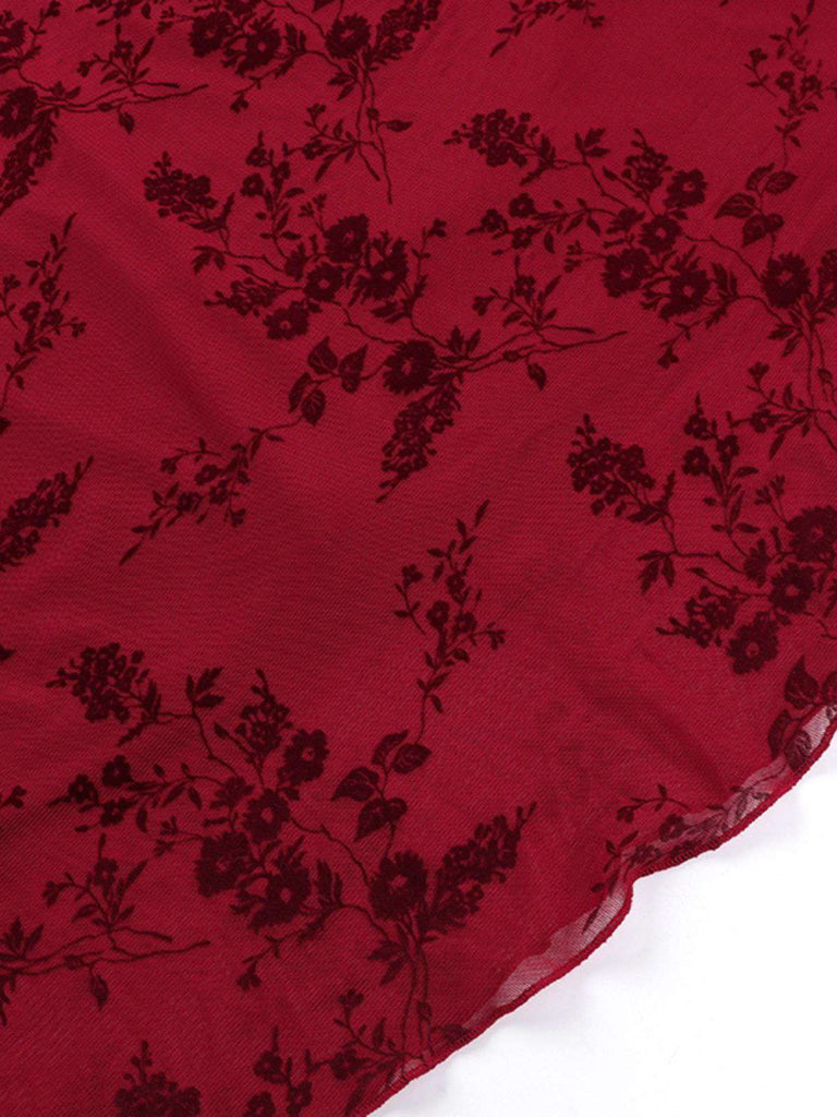 Wine Red 1930s V-Neck Floral Mesh Dress - vintage dress, retro fashion, elegant red