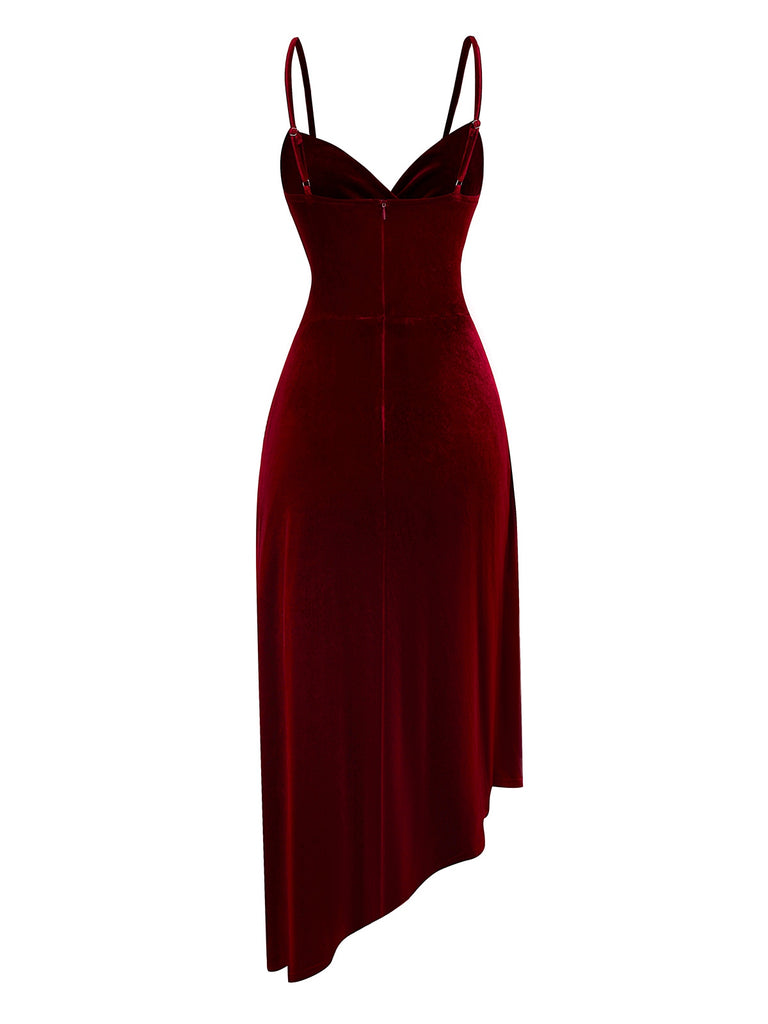 Wine Red 1930s Velvet Ruffled Hem Dress - vintage dress, retro fashion, elegant red