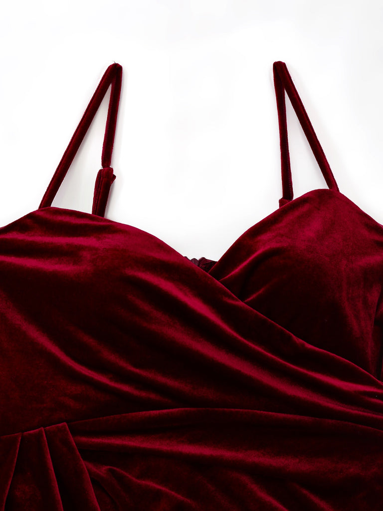 Wine Red 1930s Velvet Ruffled Hem Dress - vintage dress, retro fashion, elegant red