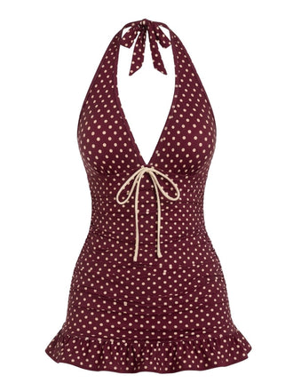 Wine Red 1940s Bow Polka Dot Halter Ruched Swimdress, vintage dress, retro fashion, women, elegant