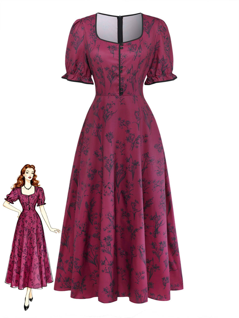 Wine Red 1940s Floral Print Square Neck Maxi Dress, vintage dress, retro fashion, floral print - perfect for women who love vintage and retro fashion