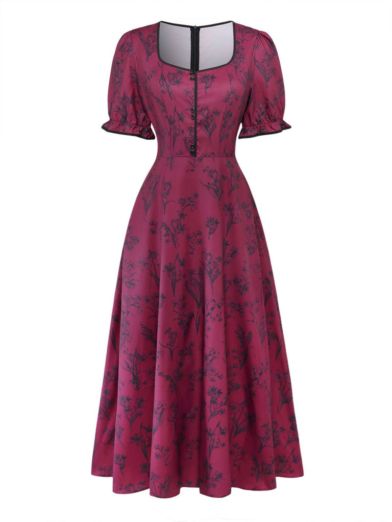 Wine Red 1940s Floral Print Square Neck Maxi Dress, vintage dress, retro fashion, floral print - perfect for women who love vintage and retro fashion