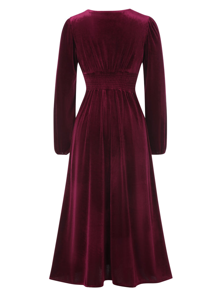 Wine Red 1940s Lace Trim Velvet Dress, vintage dress, retro fashion, lace detail - perfect for women who love vintage and retro fashion