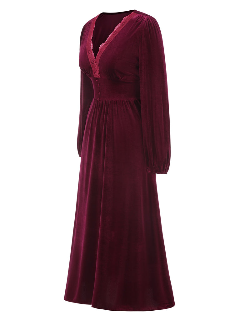 Wine Red 1940s Lace Trim Velvet Dress, vintage dress, retro fashion, lace detail - perfect for women who love vintage and retro fashion