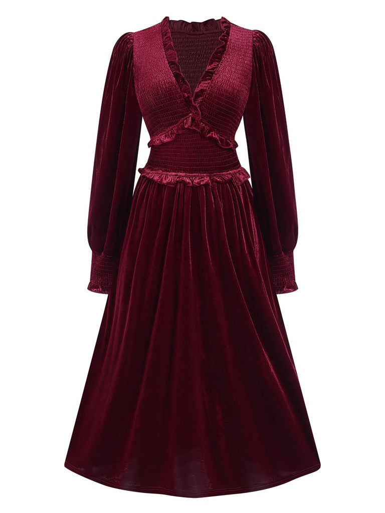 Wine Red 1940s Long Sleeves Velvet Ruched Dress, vintage dress, retro fashion - perfect for women who love vintage and retro fashion