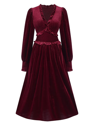 Wine Red 1940s Long Sleeves Velvet Ruched Dress, vintage dress, retro fashion - perfect for women who love vintage and retro fashion