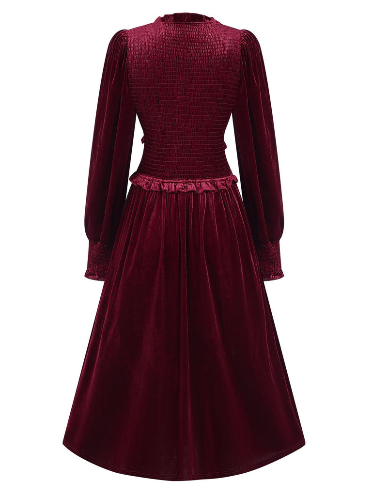 Wine Red 1940s Long Sleeves Velvet Ruched Dress, vintage dress, retro fashion - perfect for women who love vintage and retro fashion