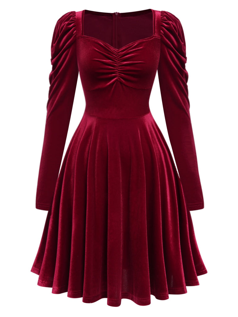 Wine Red 1940s Solid Velvet Puff Dress, vintage dress, retro fashion - perfect for women who love vintage and retro fashion