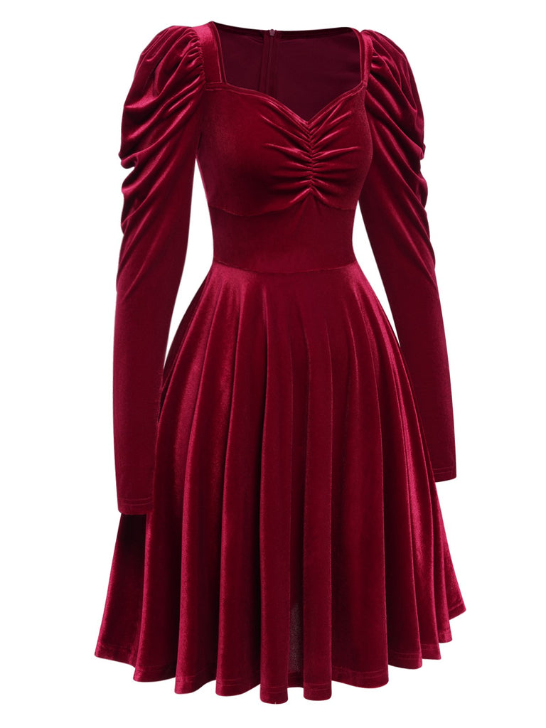 Wine Red 1940s Solid Velvet Puff Dress, vintage dress, retro fashion - perfect for women who love vintage and retro fashion