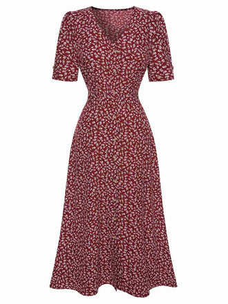 [Pre-Sale] Wine Red 1940s V-Neck Ditsy Floral Dress, vintage dress, retro fashion, floral print - perfect for women who love vintage and retro fashion