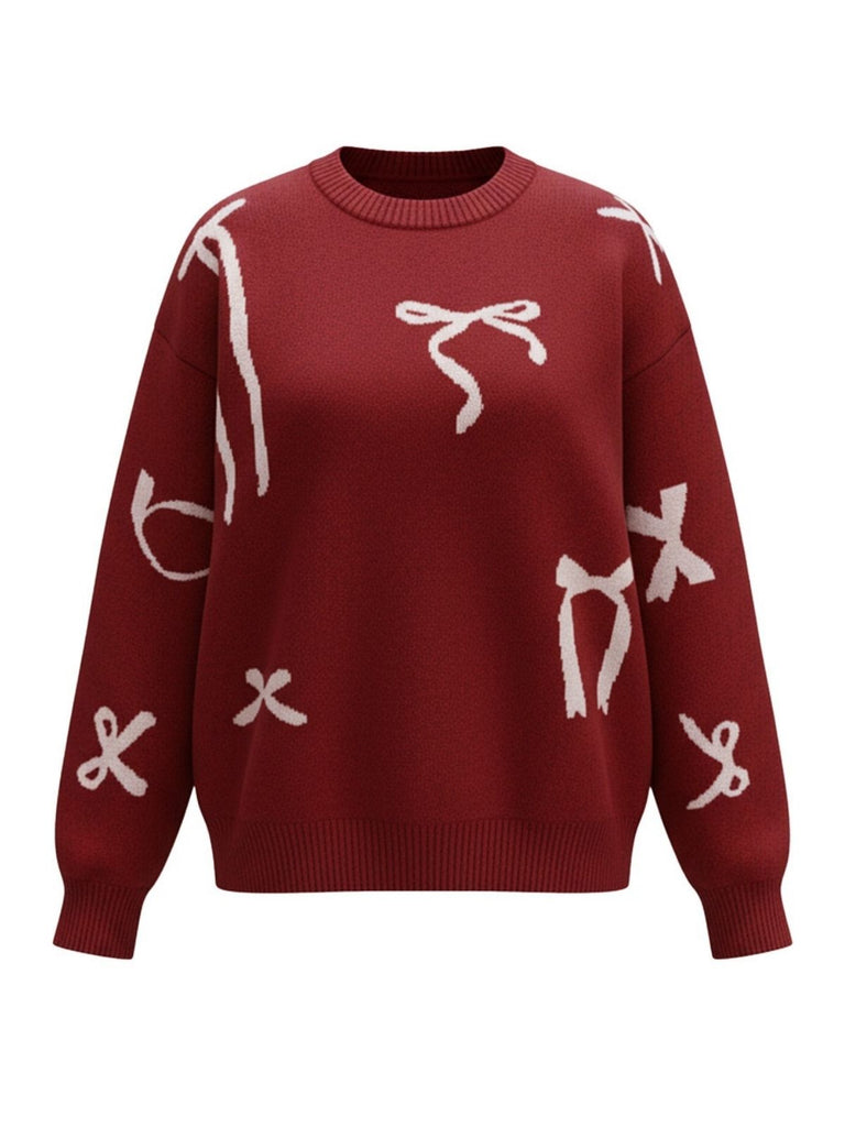 Wine Red 1950s Bowknot Pattern Sweater - vintage fashion, retro style, elegant red