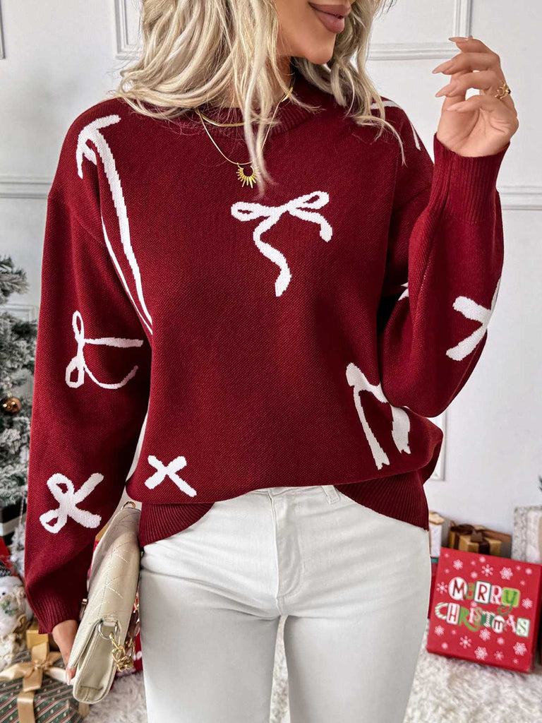 Wine Red 1950s Bowknot Pattern Sweater - vintage fashion, retro style, elegant red