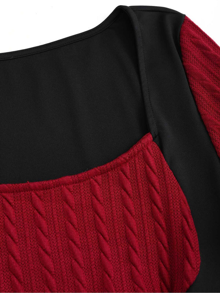 Wine Red 1950s Colorblock Knit Patchwork Dress - vintage dress, retro fashion, rockabilly
