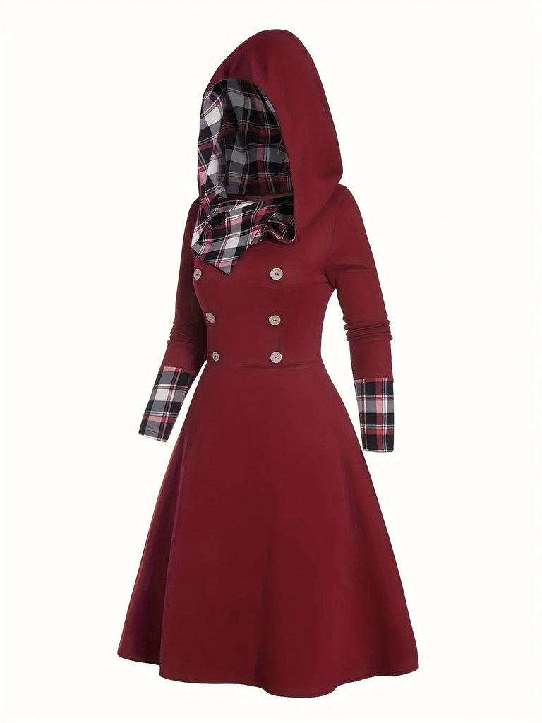 Wine Red 1950s Plaid Patchwork Hooded Dress: where 1950s romance meets her modern spirit
