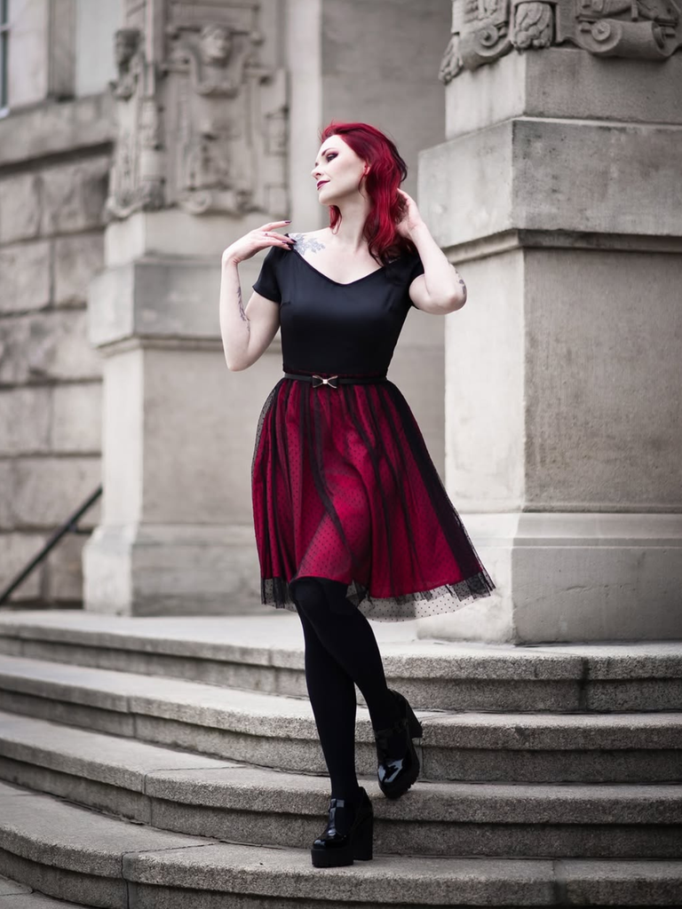 Wine Red 1950s Polka Dots Drop Shoulder Belt Dress - vintage dress, retro fashion, rockabilly