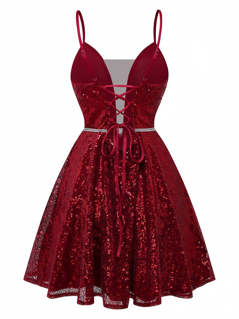 Wine Red 1950s Sequin Deep-V Mesh Dress - vintage dress, retro fashion, rockabilly