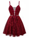 Wine Red 1950s Sequin Deep-V Mesh Dress - vintage dress, retro fashion, rockabilly