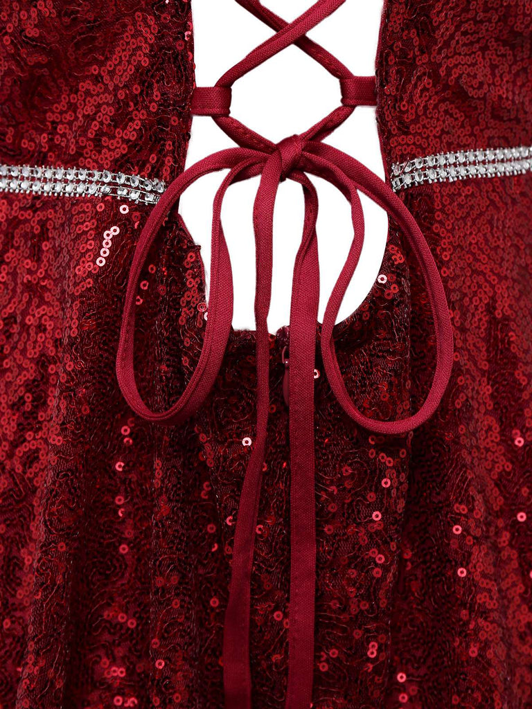 Wine Red 1950s Sequin Deep-V Mesh Dress - vintage dress, retro fashion, rockabilly