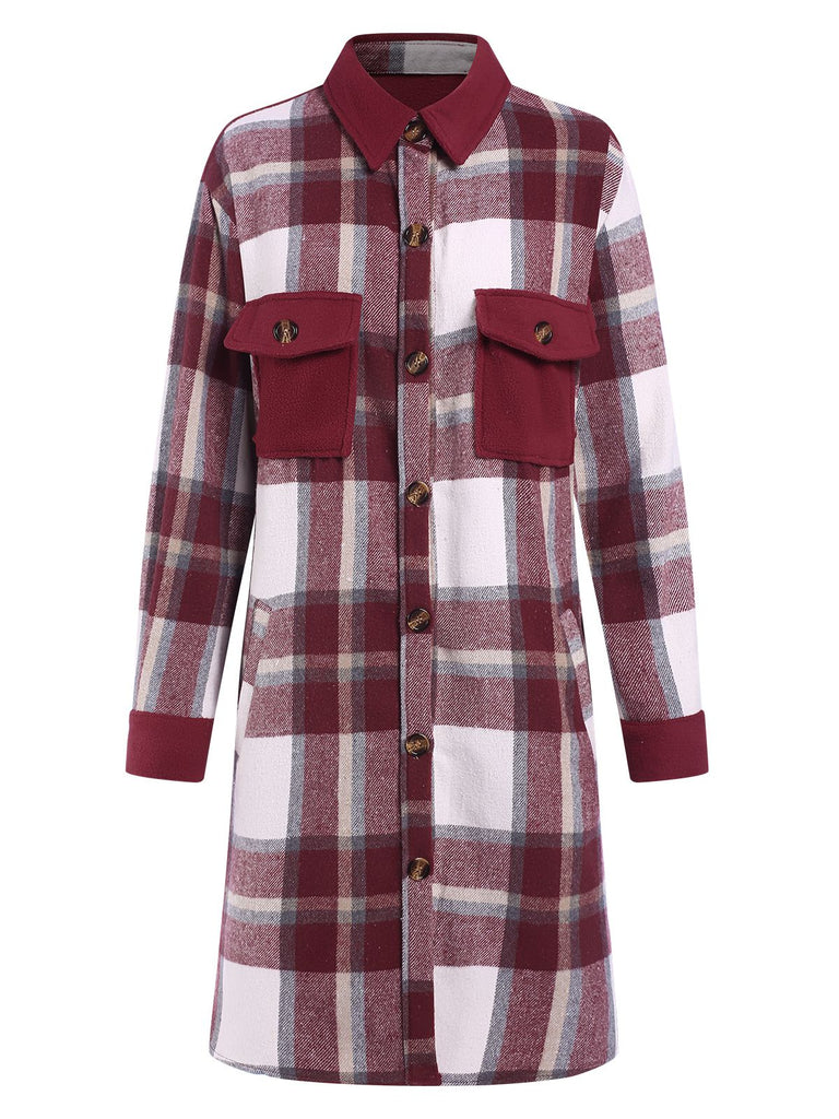 Wine Red 1950s Shirt Collar Tartan Plaid Coat - vintage fashion, retro style, elegant red