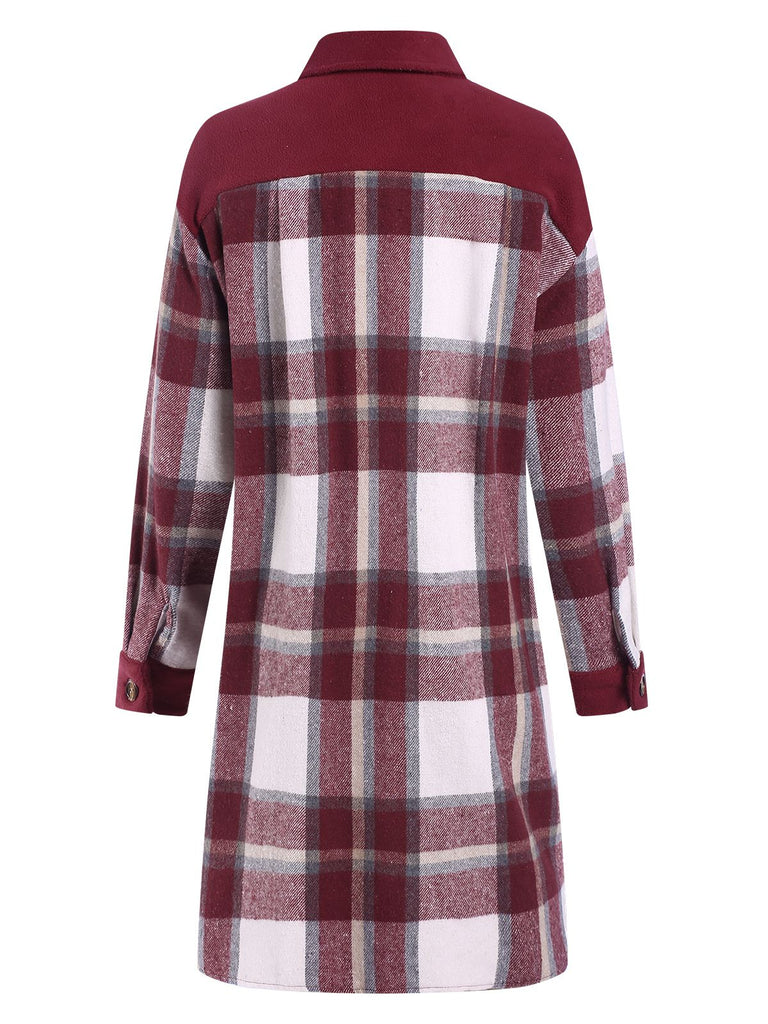 Wine Red 1950s Shirt Collar Tartan Plaid Coat - vintage fashion, retro style, elegant red