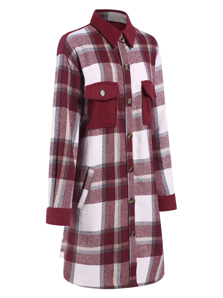 Wine Red 1950s Shirt Collar Tartan Plaid Coat - vintage fashion, retro style, elegant red