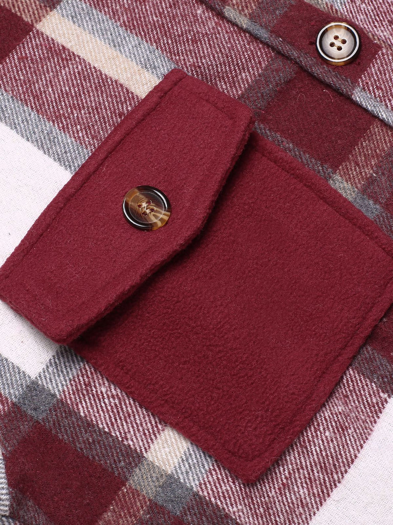 Wine Red 1950s Shirt Collar Tartan Plaid Coat - vintage fashion, retro style, elegant red