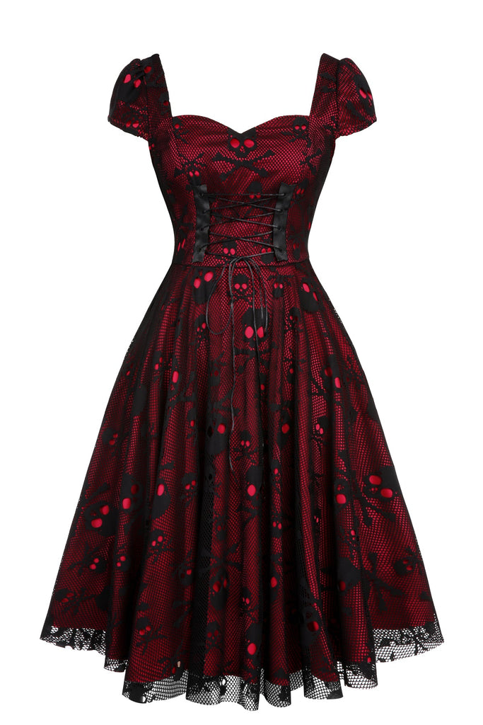 Wine Red 1950s Skull Mesh Swing Dress: timeless style reimagined