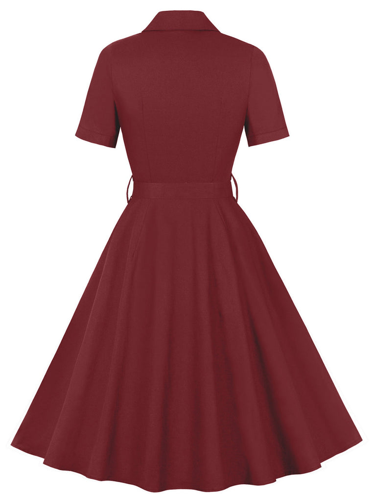 Wine Red 1950s Solid Lapel Belted Dress: where 1950s romance meets her modern spirit
