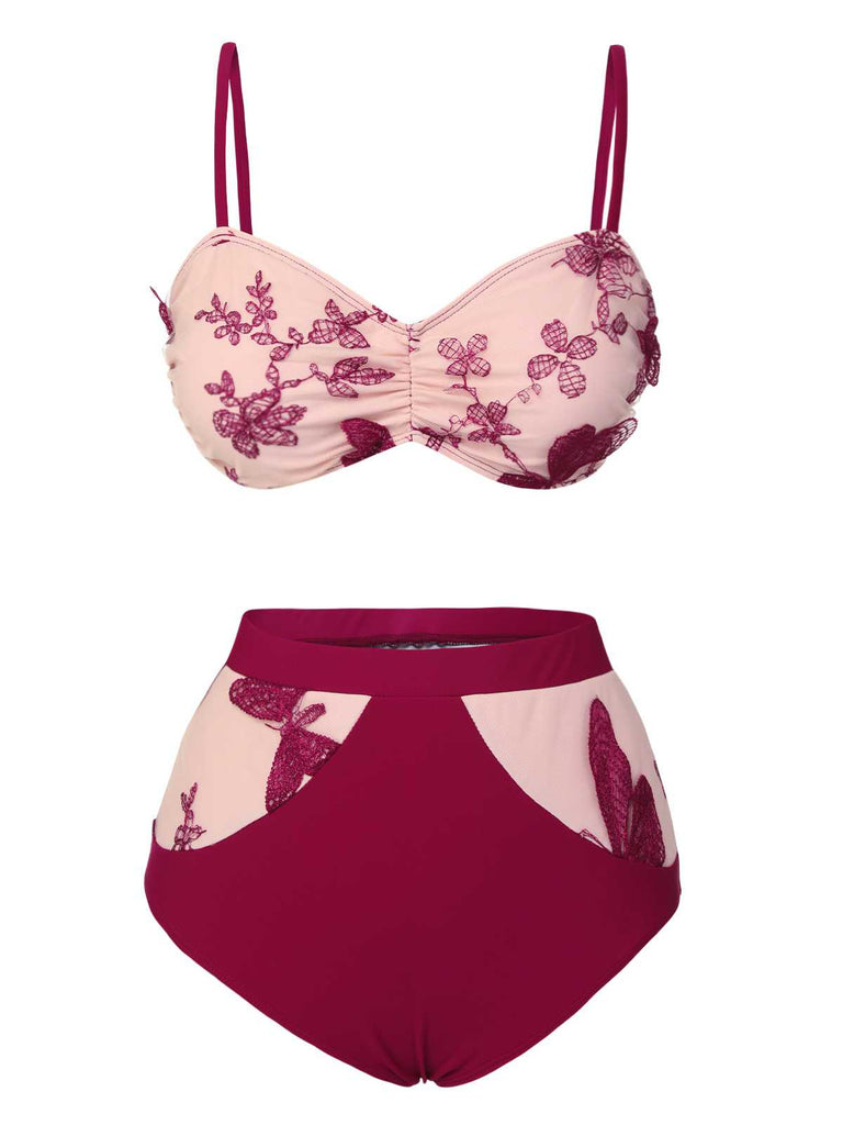 Wine Red 1950s Spaghetti Strap Butterflies Swimsuit: 1950s Riviera elegance, reimagined for her