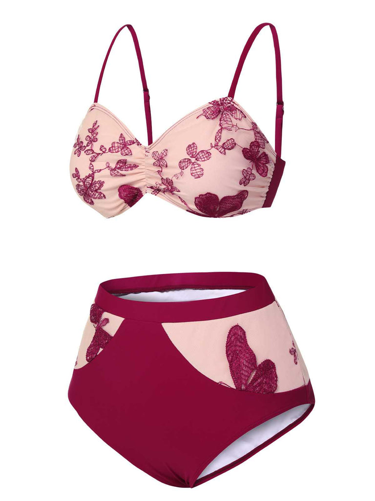 This Wine Red 1950s Spaghetti Strap Butterflies Swimsuit carries 1950s vacation dreams in every stitch