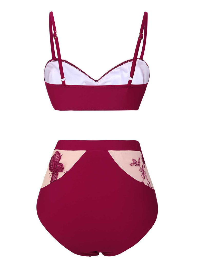 Wine Red 1950s Spaghetti Strap Butterflies Swimsuit — because 1950s glamour never goes out of style