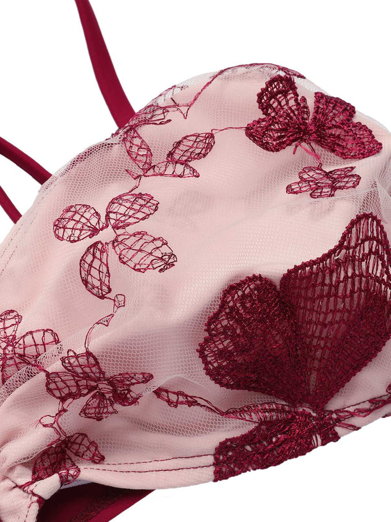 Wine Red 1950s Spaghetti Strap Butterflies Swimsuit — 1950s poolside glamour meets sun-drenched confidence