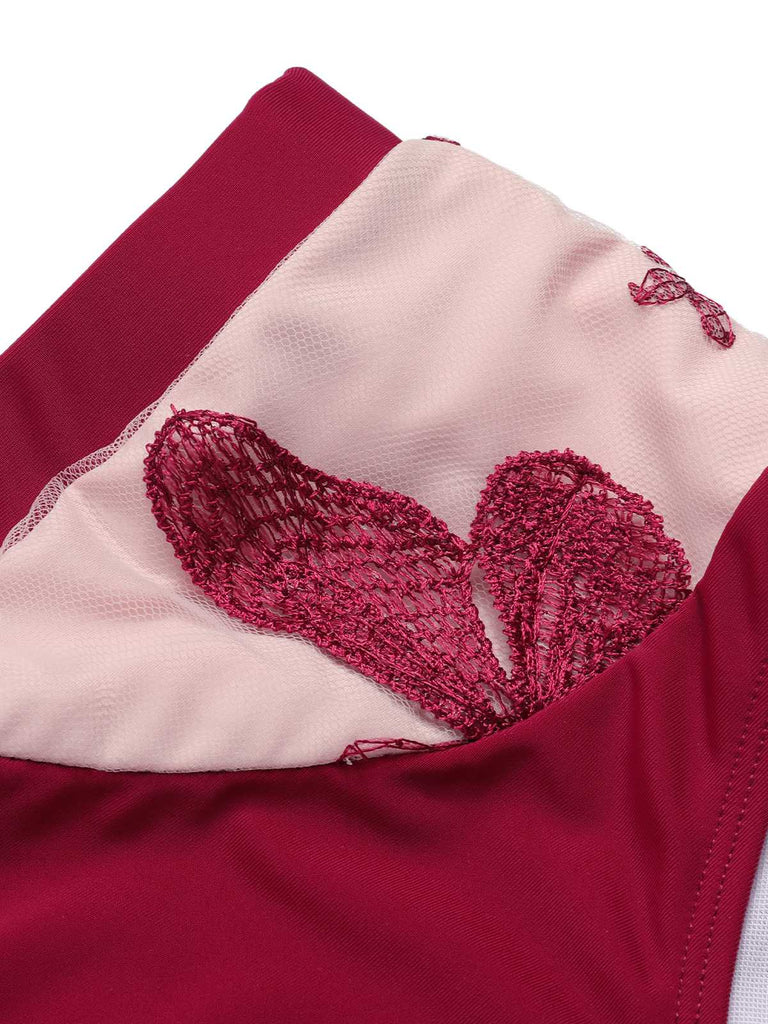 She's wearing Wine Red 1950s Spaghetti Strap Butterflies Swimsuit and the whole beach remembers the 1950s