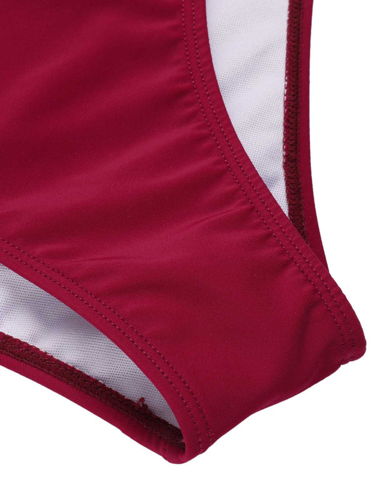 Wine Red 1950s Spaghetti Strap Butterflies Swimsuit: 1950s Riviera elegance, reimagined for her