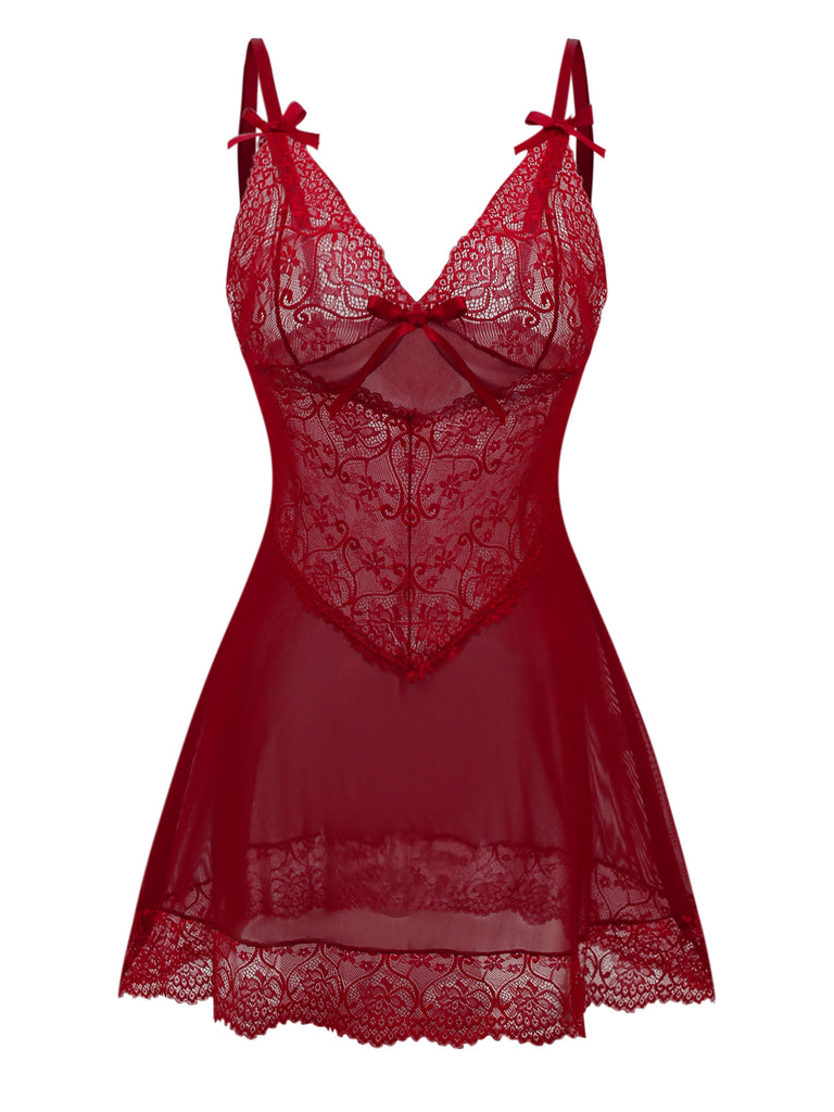 Wine Red 1950s Strap Lace Bow Nightgown - vintage nightgown, retro sleepwear, elegant red