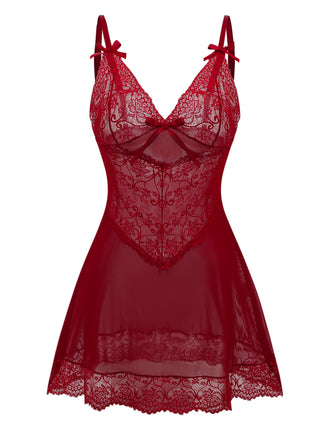 Wine Red 1950s Strap Lace Bow Nightgown - vintage nightgown, retro sleepwear, elegant red