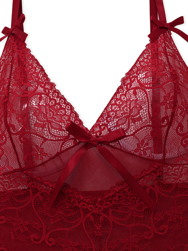 Wine Red 1950s Strap Lace Bow Nightgown - vintage nightgown, retro sleepwear, elegant red
