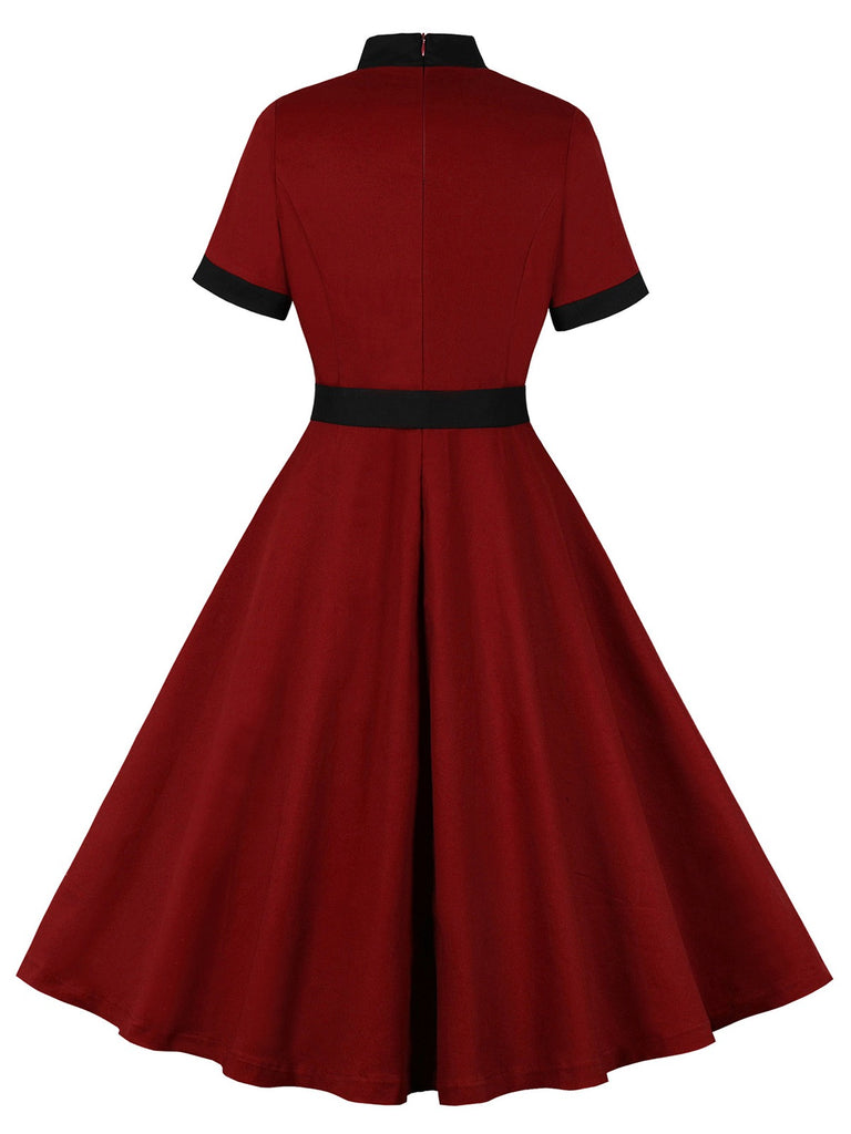 Wine Red 1950s Tie Neck Contrast Patchwork Dress: where 1950s romance meets her modern spirit