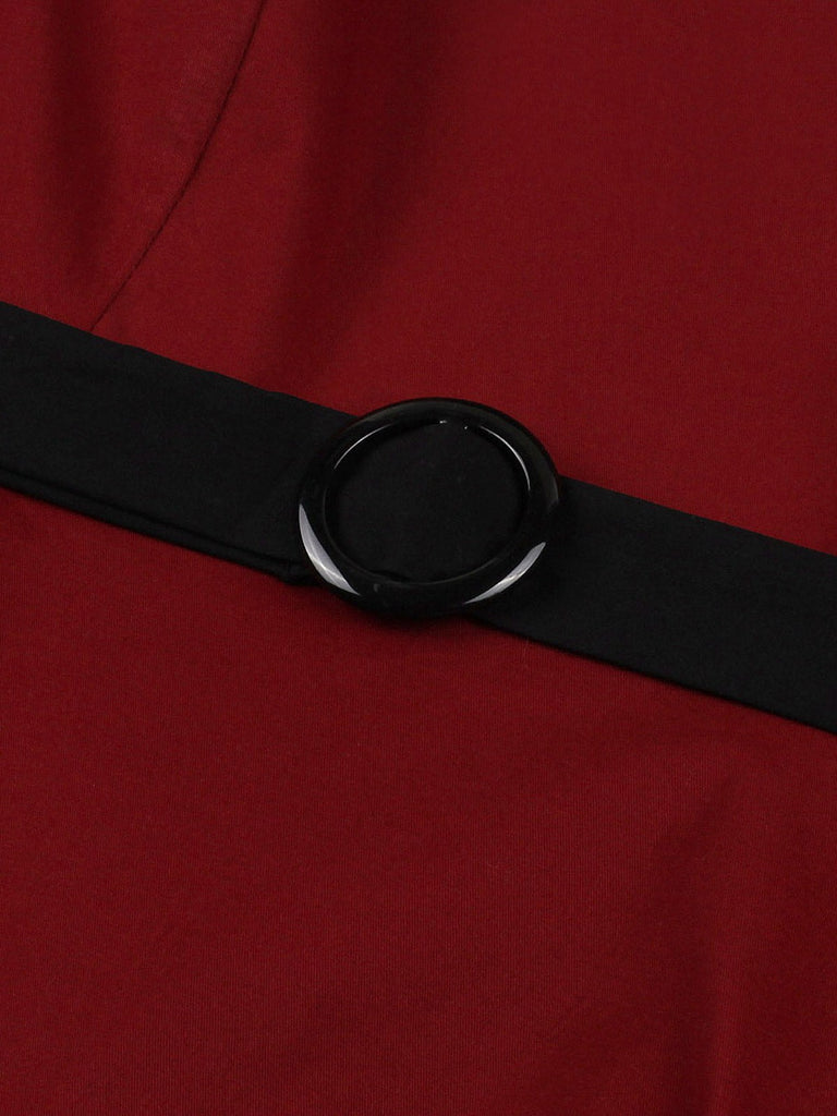 This Wine Red 1950s Tie Neck Contrast Patchwork Dress wraps her in 1950s elegance, one twirl at a time