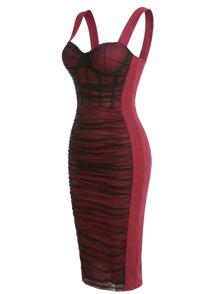 Wine Red 1960s Color Block Bodycon Ruched Mesh Dress: beautiful vintage dress, retro fashion, elegant style with timeless appeal