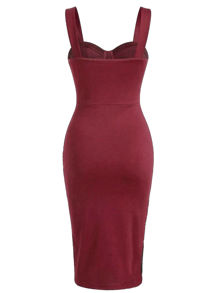 Wine Red 1960s Color Block Bodycon Ruched Mesh Dress | vintage dress, retro fashion, elegant style - perfect for retro fashion enthusiasts