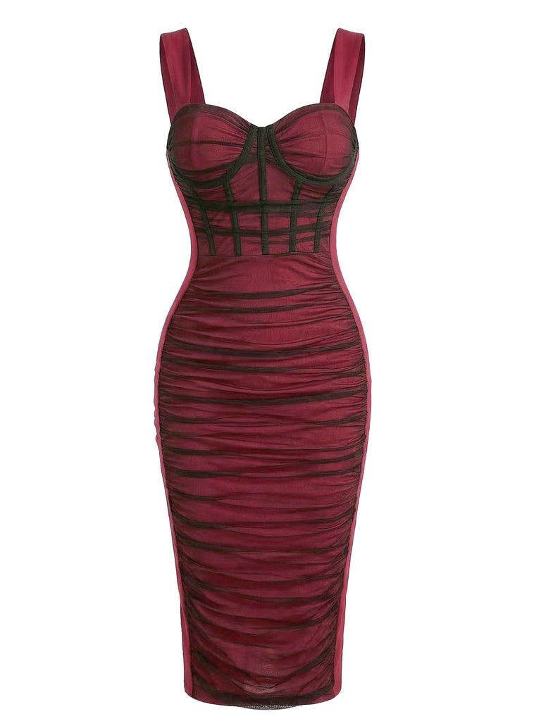 Wine Red 1960s Color Block Bodycon Ruched Mesh Dress - vintage dress, retro fashion, elegant style for vintage lovers