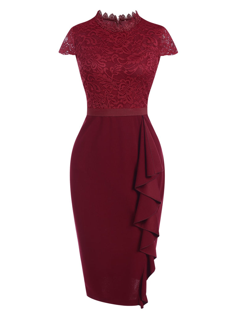 Wine Red 1960s Lace Patchwork Pencil Dress, vintage dress, retro fashion, lace detail - perfect for women who love vintage and retro fashion