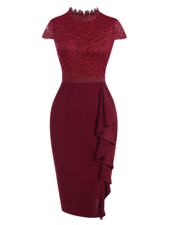 Wine Red 1960s Lace Patchwork Pencil Dress, vintage dress, retro fashion, lace detail - perfect for women who love vintage and retro fashion