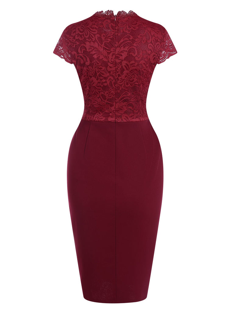 Wine Red 1960s Lace Patchwork Pencil Dress, vintage dress, retro fashion, lace detail - perfect for women who love vintage and retro fashion