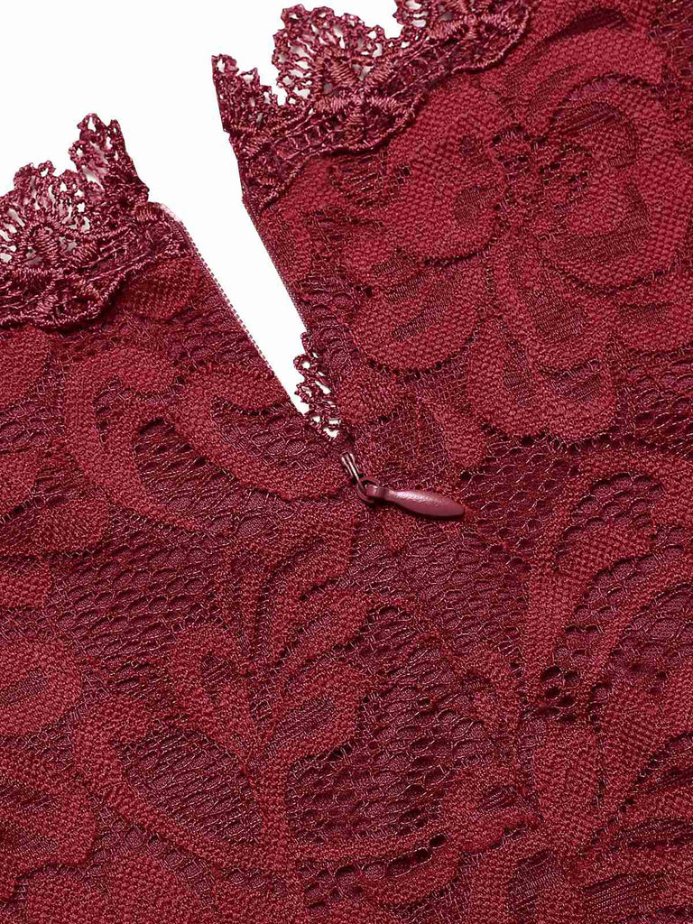 Wine Red 1960s Lace Patchwork Pencil Dress, vintage dress, retro fashion, lace detail - perfect for women who love vintage and retro fashion