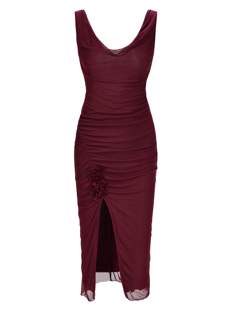 Wine Red 1960s Scarf Slit Backless Dress: where 1960s romance meets her modern spirit