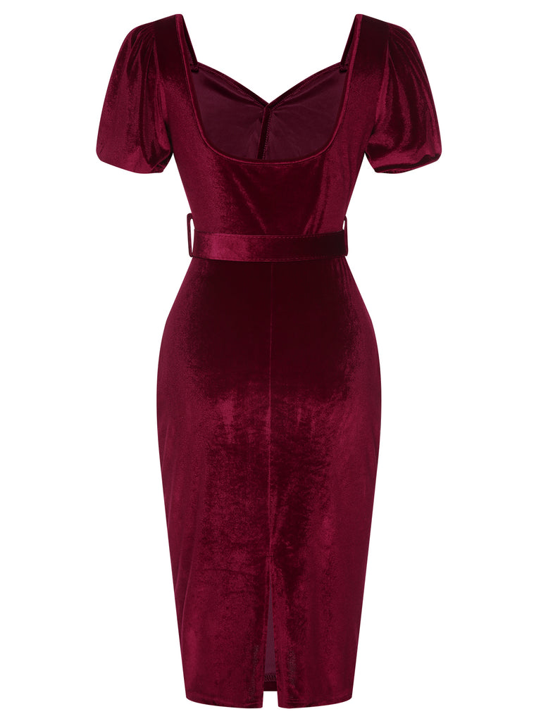 Wine Red 1960s Solid Belt Lantern Dress: where 1960s romance meets her modern spirit