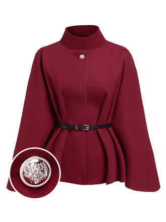 Wine Red 1960s Solid Belted Cloak Coat, vintage coat, retro outerwear - perfect for women who love vintage and retro fashion